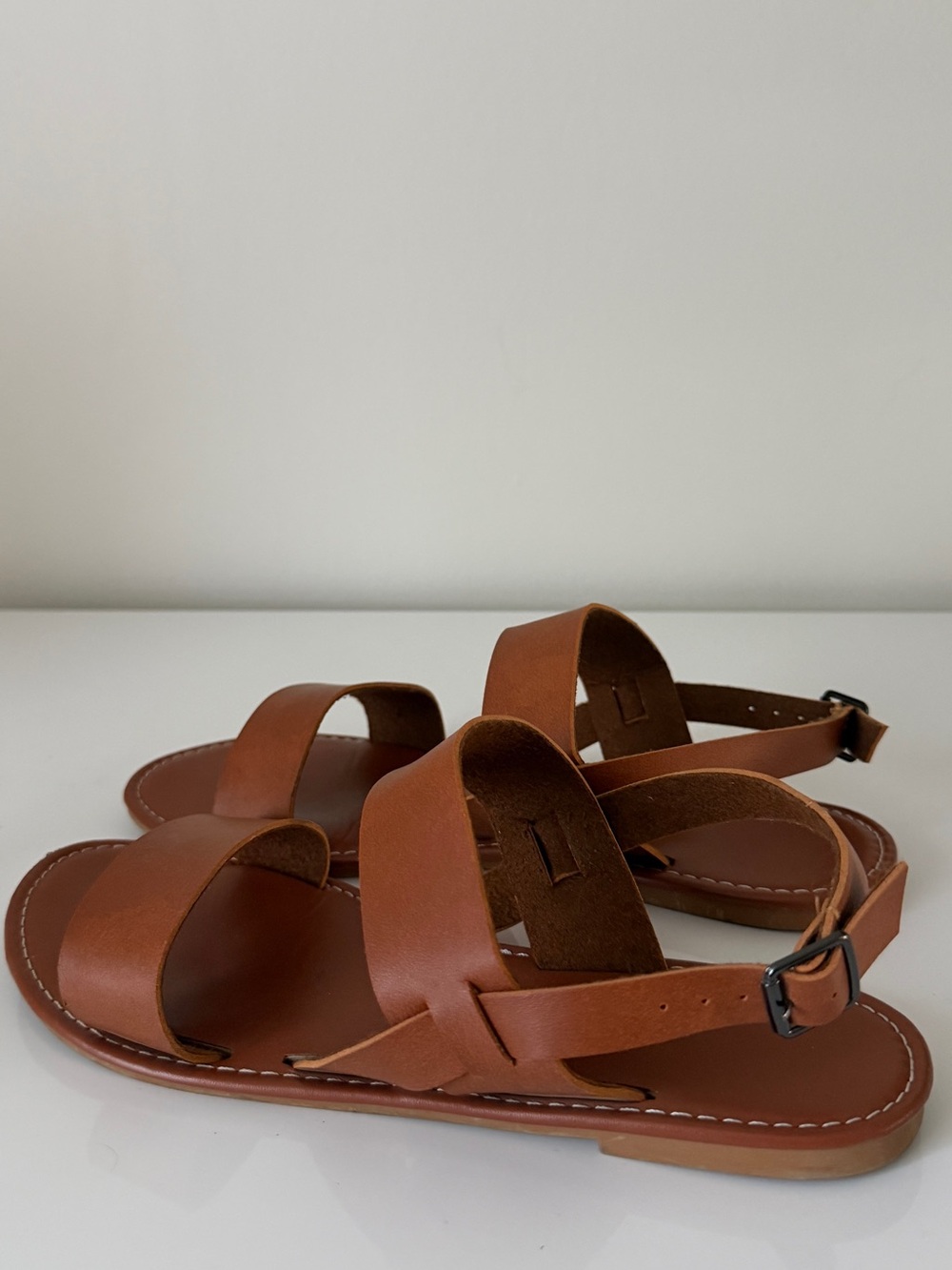 Tan Leather Double-Strap Ankle Sandals